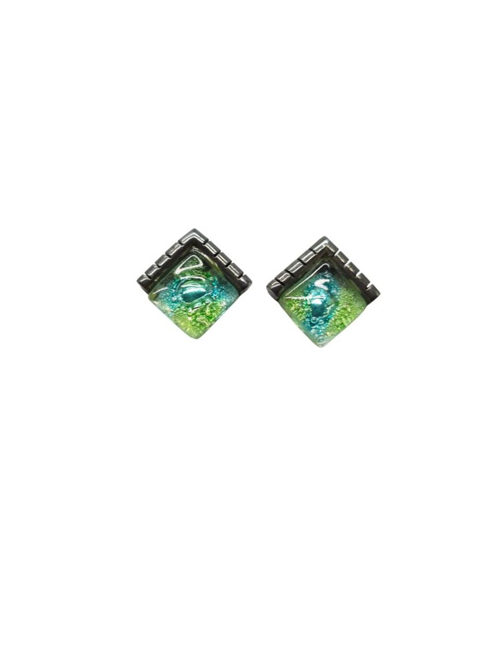 Square Green Blue Glass Sterling Silver Clip-On Earrings Vintage .75 Inch